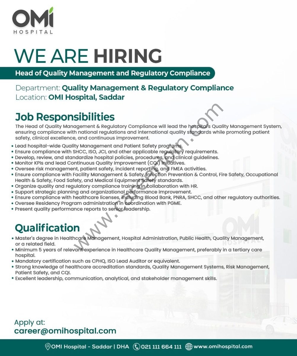OMI Hospital Jobs Head of Quality Management and Regulatory Compliance 1