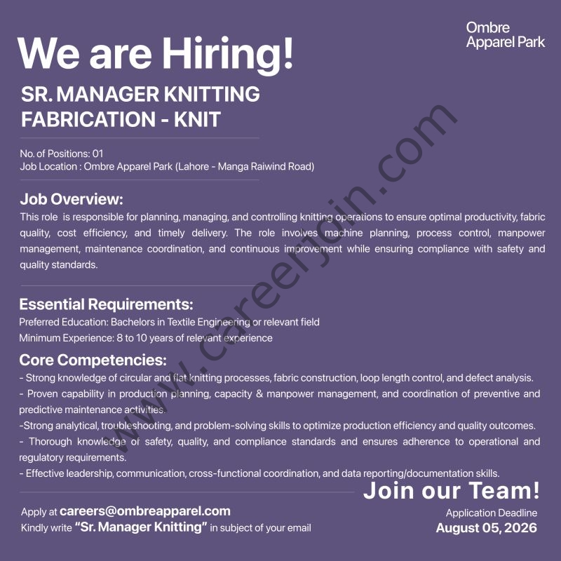 Ombre Apparel Park Jobs Sr Manager Knitting 1