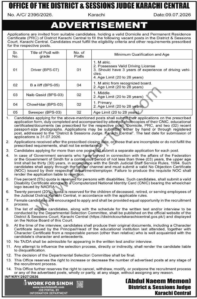 Office of The District & Sessions Judge Karachi Jobs 12 July 2026 Dawn 1