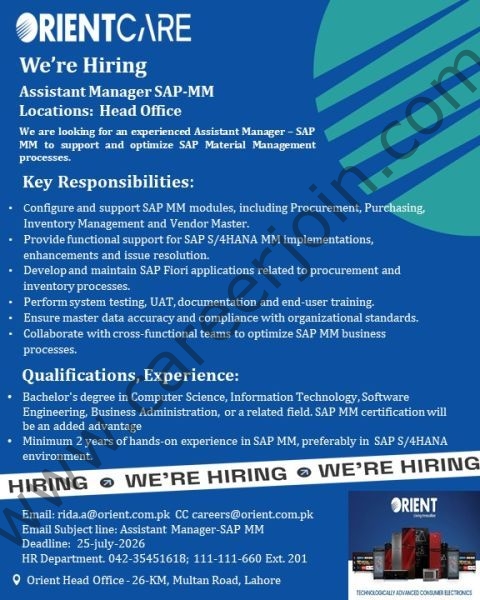 Orient Care Global Jobs Assistant Manager SAP MM 1