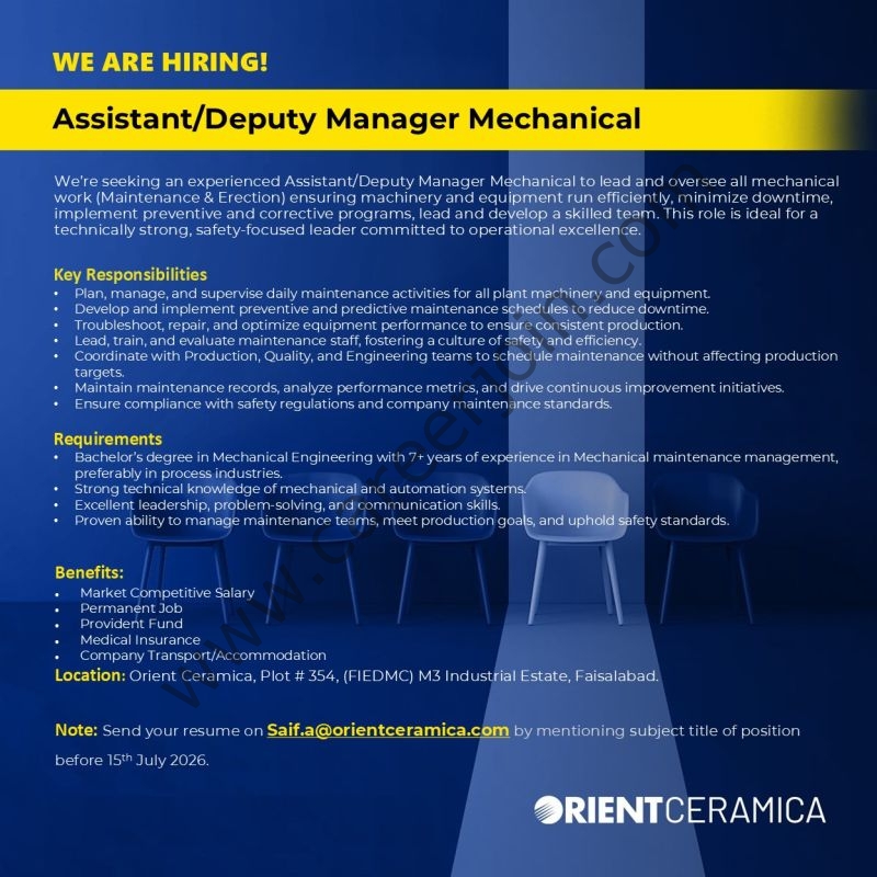 Orient Ceramica Jobs Assistant/Deputy Manager Mechanical 1