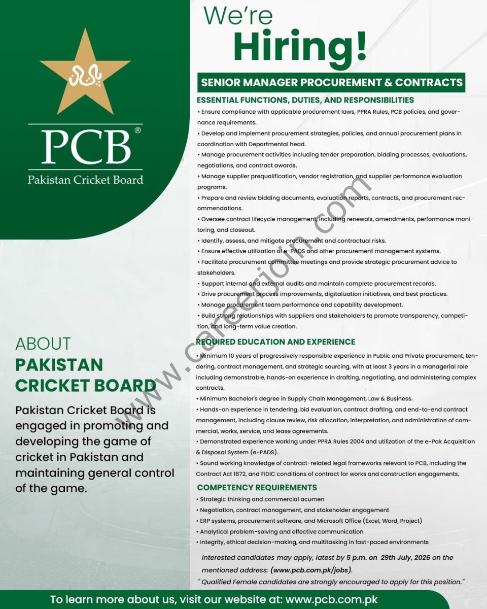 Pakistan Cricket Board PCB Jobs Senior Manager Procurement & Contracts 1