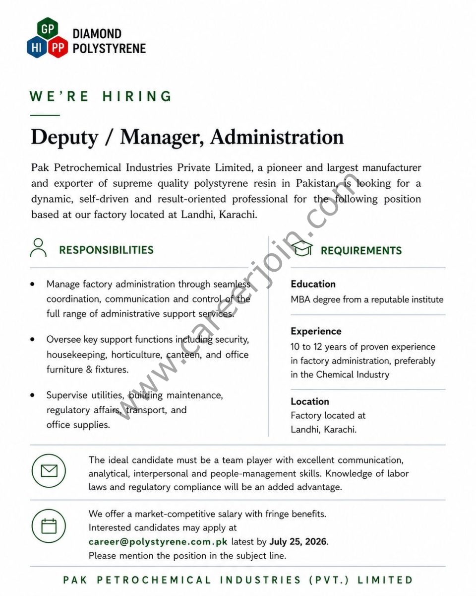 Pak Petrochemical Industries Pvt Ltd Jobs Deputy / Manager Administration 1