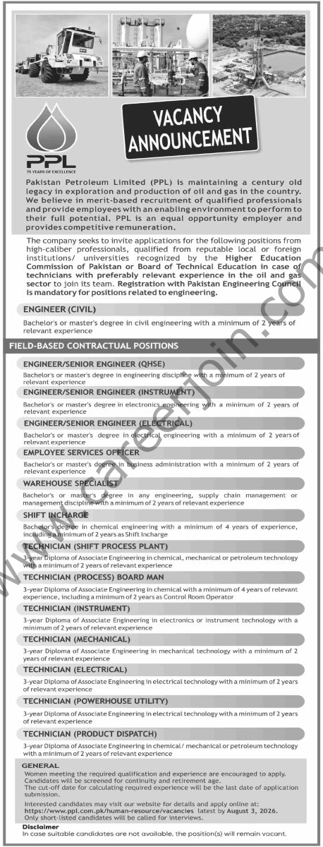 Pakistan Petroleum Ltd PPL Jobs 19 July 2026 Dawn 1