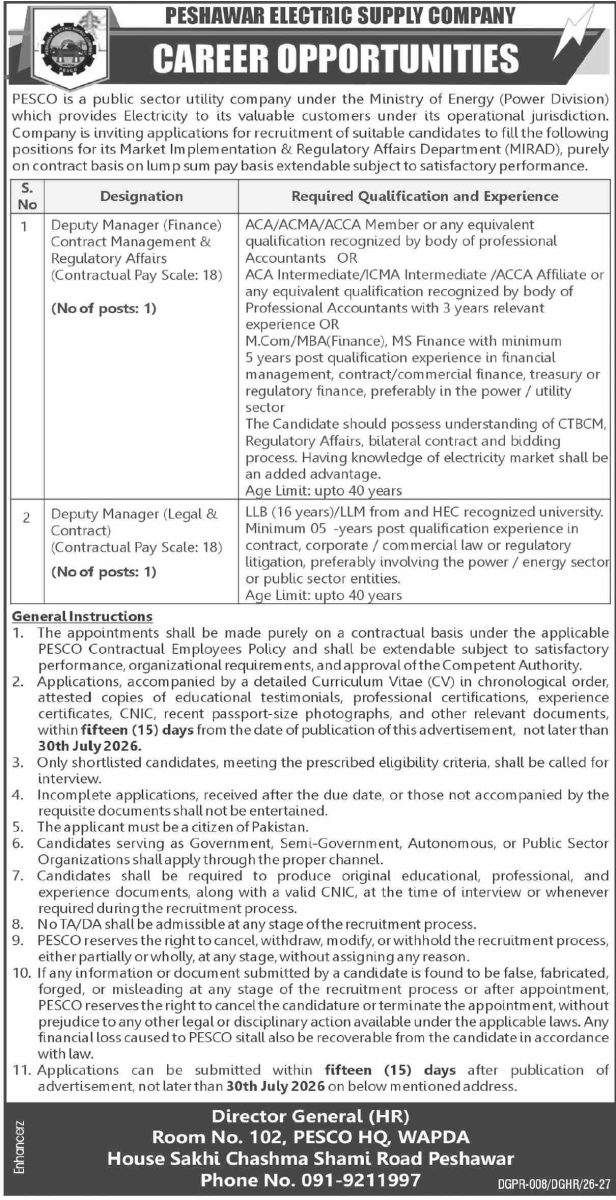Peshawar Electric Supply Co PESCO Jobs 16 July 2026 Dawn 01 1