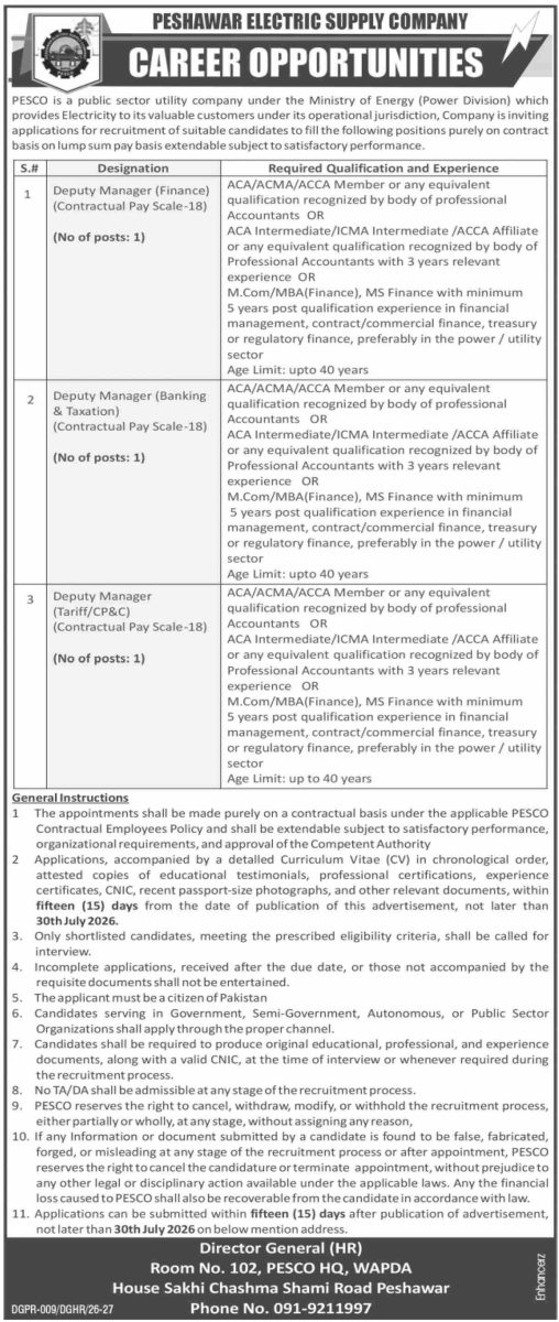 Peshawar Electric Supply Co PESCO Jobs 16 July 2026 Dawn 1