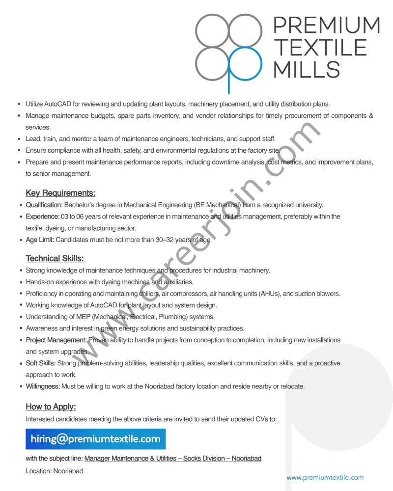Premium Textile Mills Ltd Jobs Manager Maintenance & Utilities 2