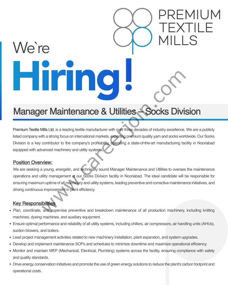 Premium Textile Mills Ltd Jobs Manager Maintenance & Utilities 1