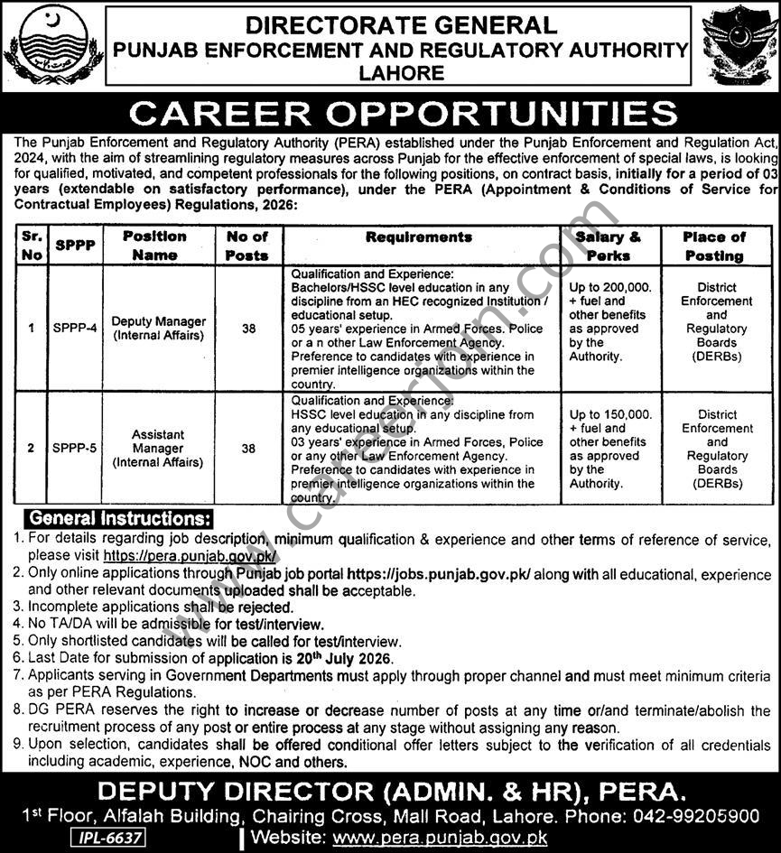 Punjab Enforcement & Regulatory Authority PERA Jobs 01 July 2026 Express 1