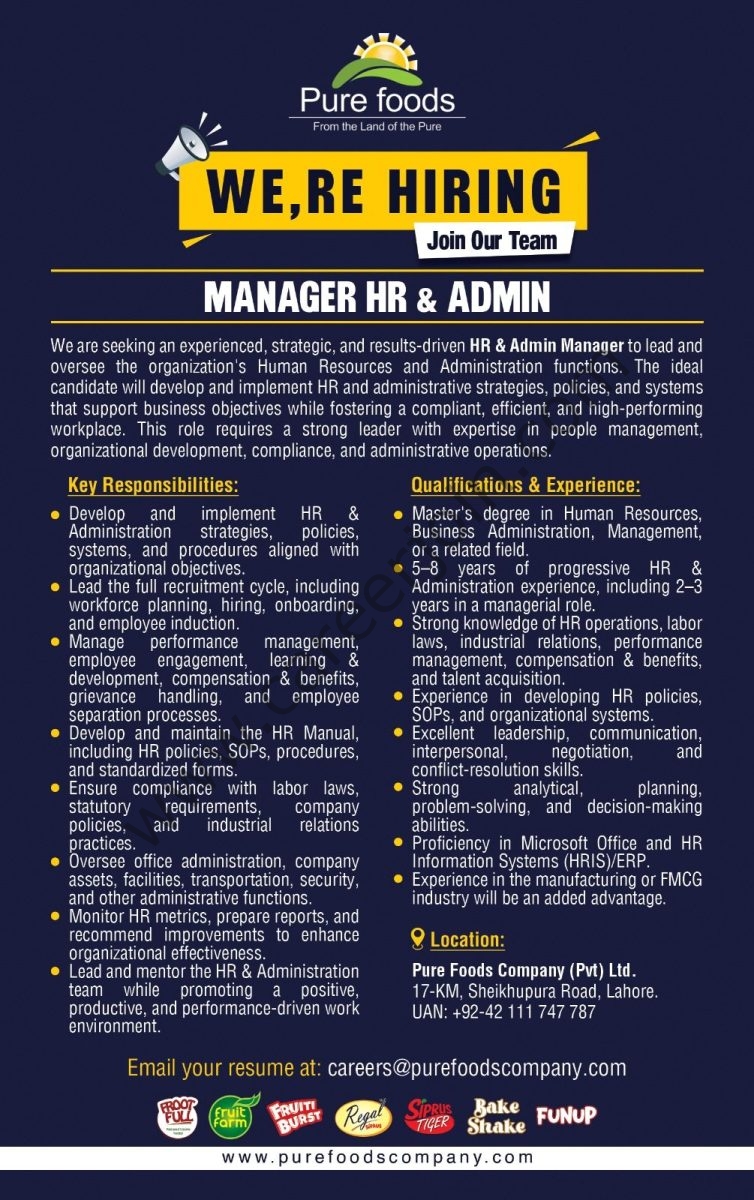 Pure Foods Company Pvt Ltd Jobs Manager HR & Admin 1