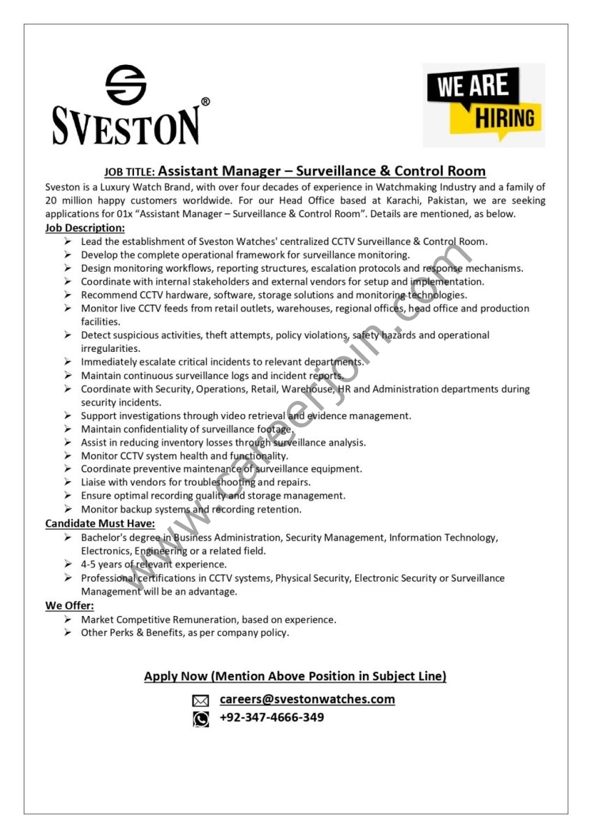 Sveston Watches Jobs Assistant Manager Surveillance & Control Room 1