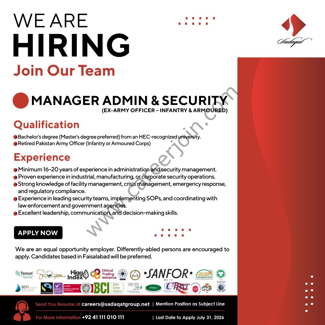 Sadaqat Limited Jobs Manager Admin & Security 1