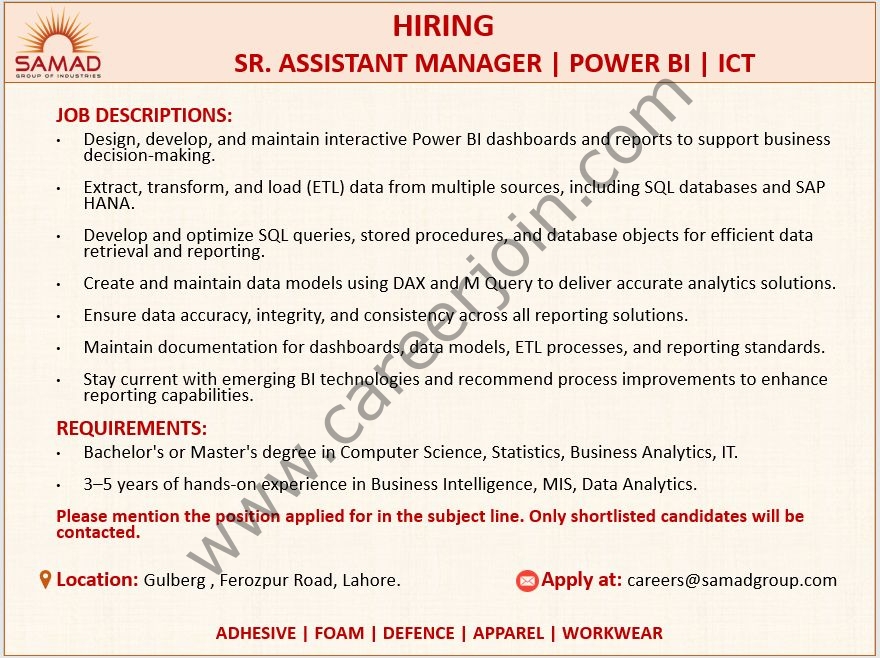 Samad Group Of Industries Jobs Senior Assistant Manager | Power BI |ICT 1
