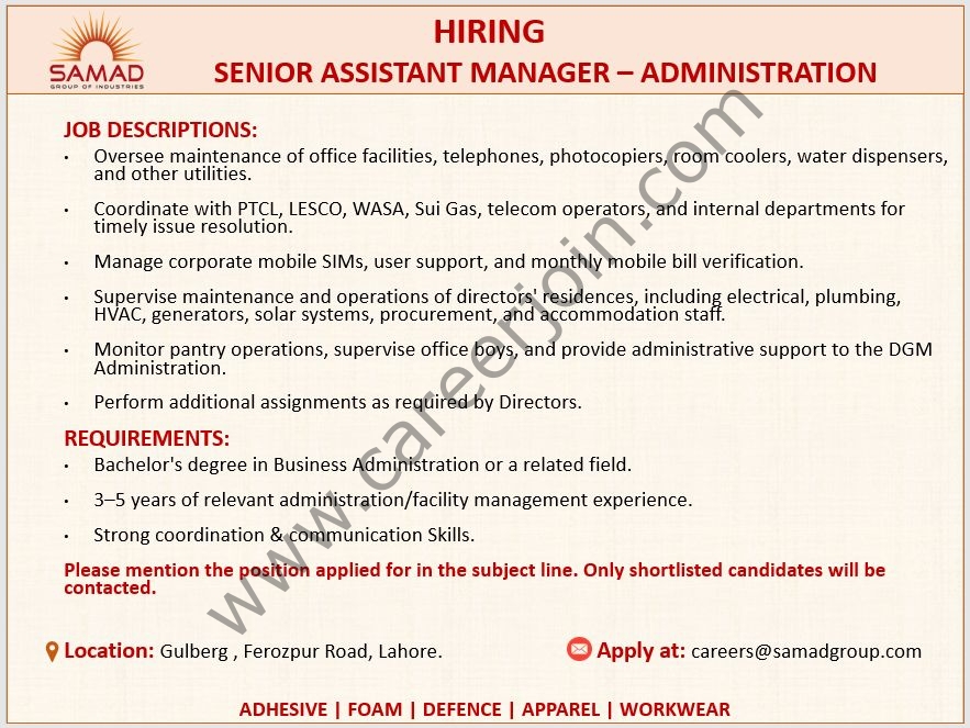 Samad Group Of Industries Jobs Senior Assistant Manager Administration 1