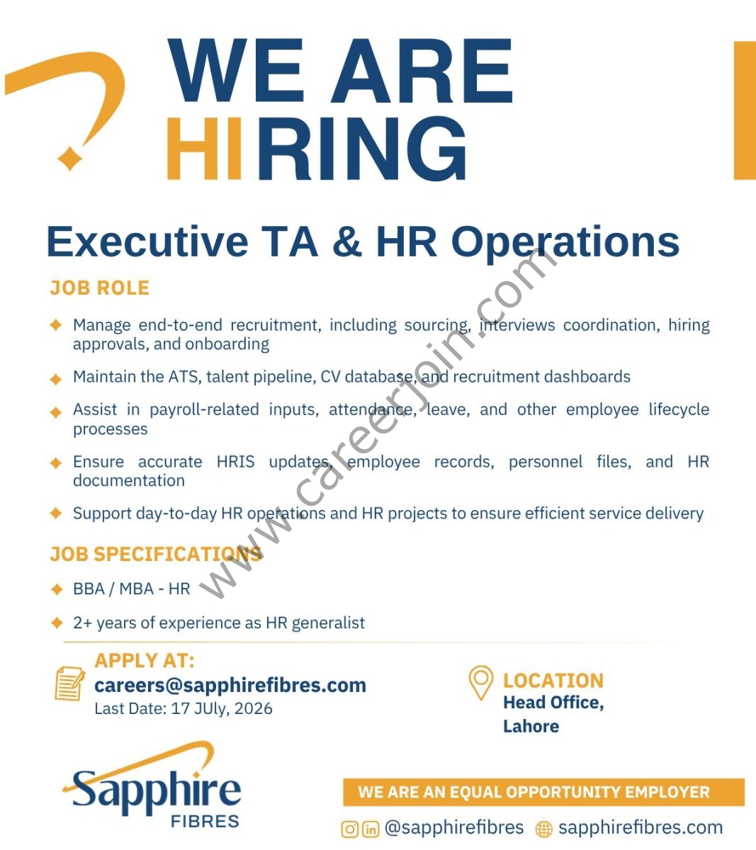 Sapphire Fibres Limited Jobs Executive TA & HR Operations 1