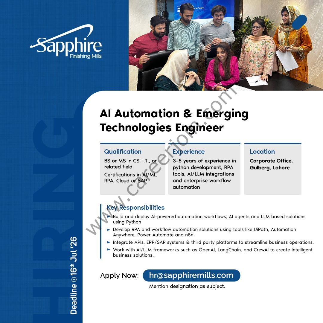 Sapphire Finishing Mills Jobs AI Automation & Emerging Technologies Engineer 1