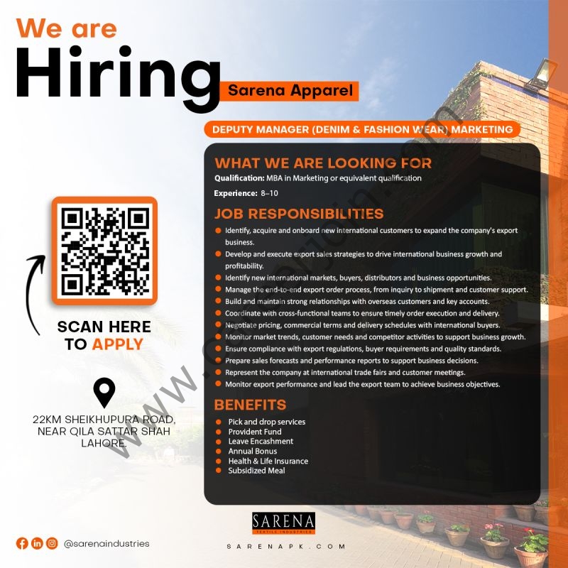 Sarena Apparel Pvt Ltd Jobs Deputy Manager Denim & Fashion Wear Marketing 1
