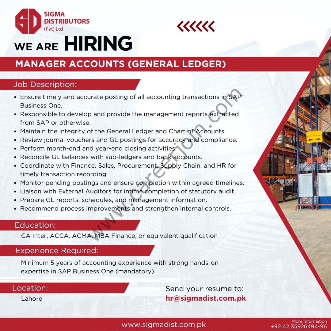 Sigma Distributors Pvt Ltd Jobs Manager Accounts (GL) 1