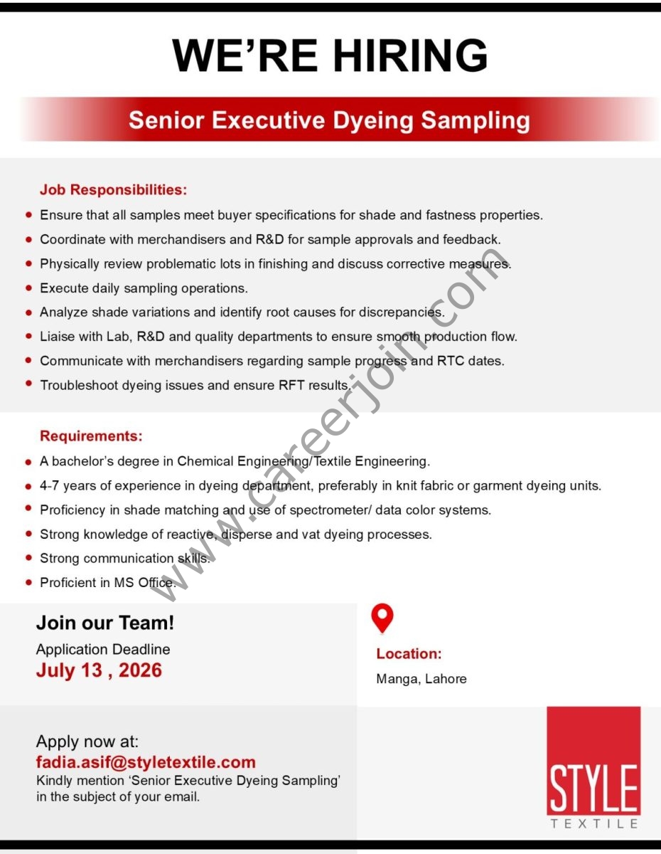 Style Textile Pvt Ltd Jobs Senior Executive Dyeing Sampling 1