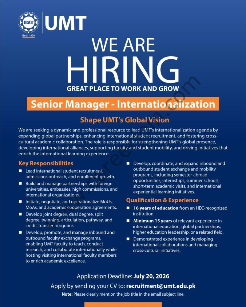 University of Management & Technology UMT Jobs Senior Manager Internationalization 1