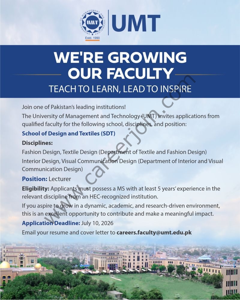 The University of Management and Technology (UMT) Jobs School of Design & Textiles SDT 1
