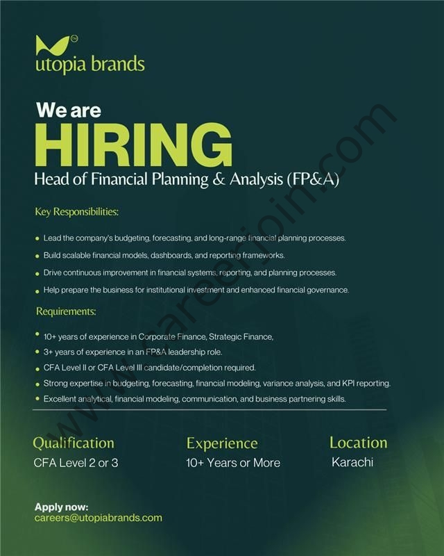 Utopia Brands Pakistan Jobs Head of Financial Planning & Analysis (FP&A) 1