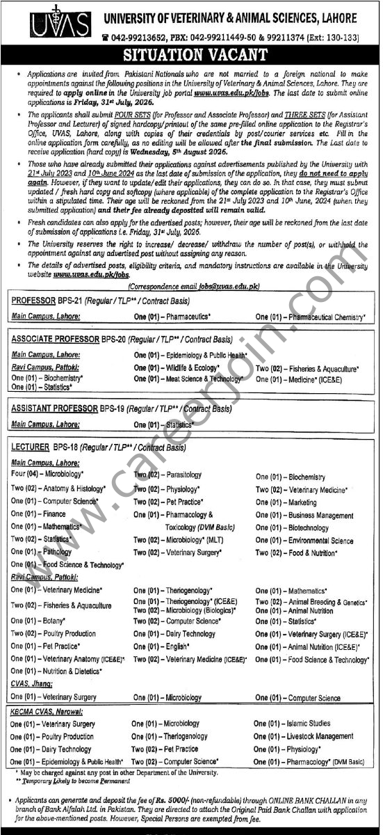 University of Veterinary & Animal Sciences UVAS Jobs 01 July 2026 Express Tribune 1