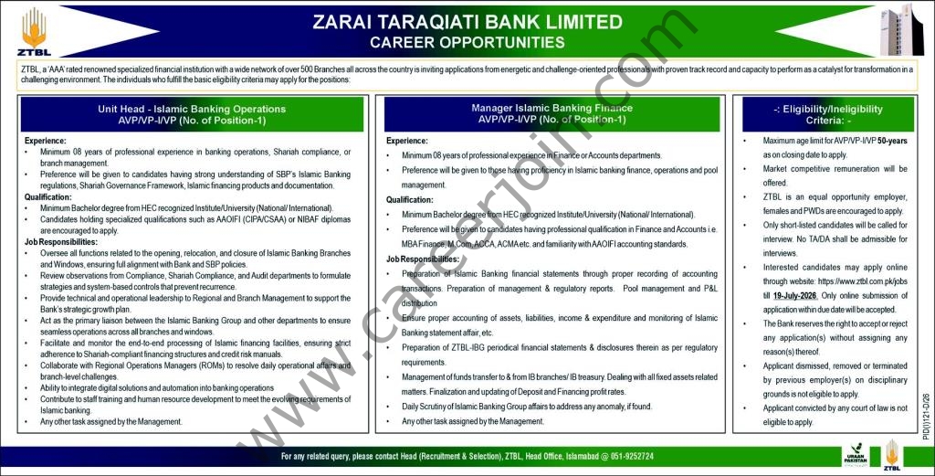 Zarai Taraqiati Bank Ltd ZTBL Jobs 05 July 2026 Express 1