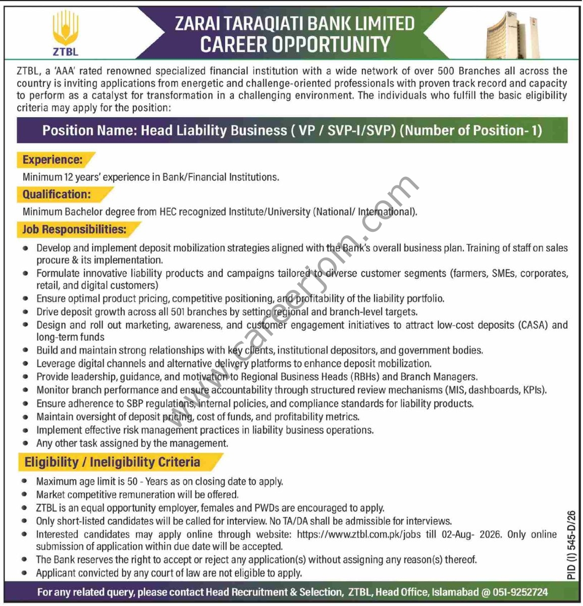 Zarai Taraqiati Bank Ltd ZTBL Jobs 19 July 2026 Dawn 01 1