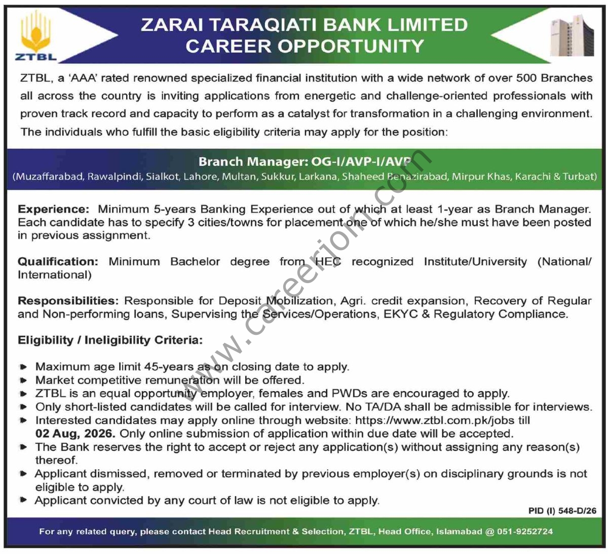Zarai Taraqiati Bank Ltd ZTBL Jobs 19 July 2026 Dawn 1