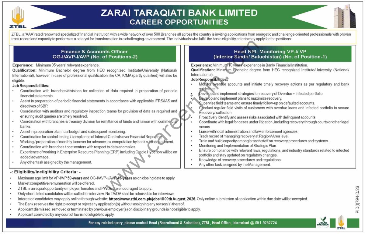 Zarai Taraqiati Bank Ltd ZTBL Jobs 26 July 2026 Dawn 1