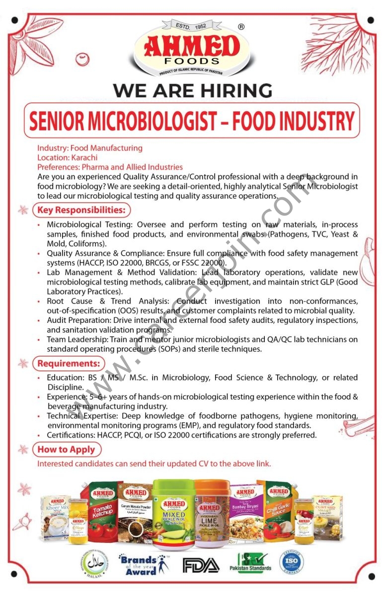 Ahmed Foods Pvt Ltd Jobs Senior Microbiologist 1