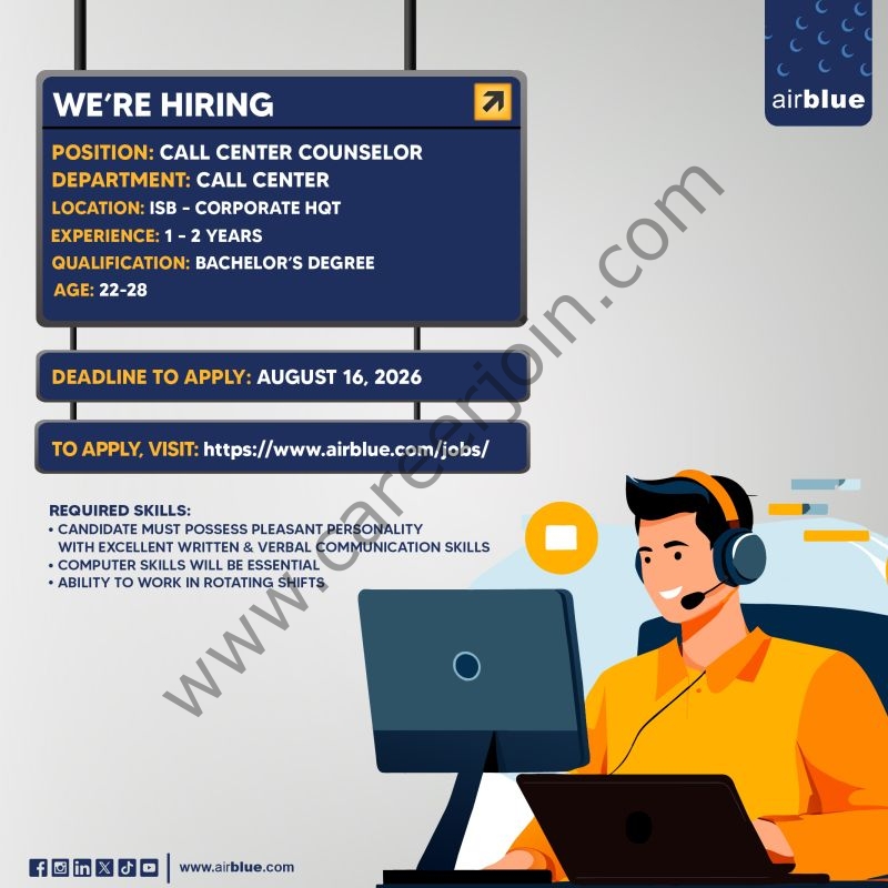 Airblue Pakistan Jobs Call Center Counselor 1