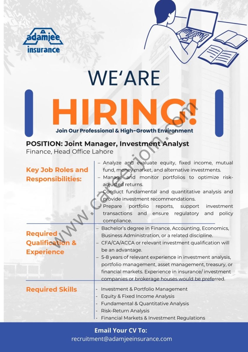 Adamjee Insurance Company Limited Jobs Joint Manager Investment Analyst 1