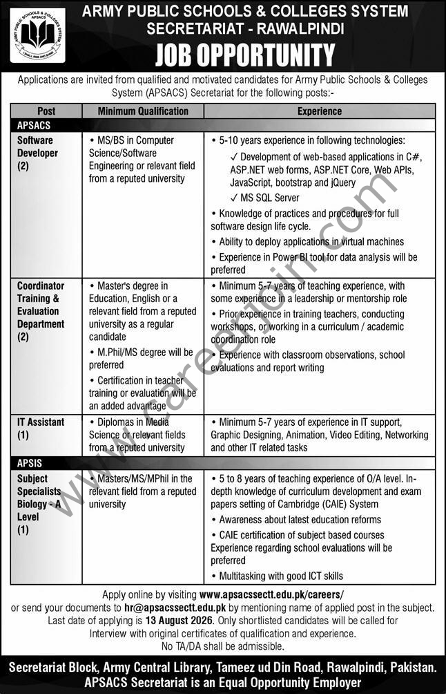 Army Public School & Colleges System Jobs 09 August 2026 Express 1