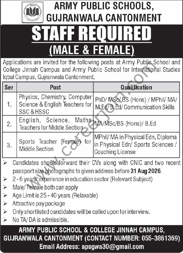 Army Public Schools Gujranwala Cantt Jobs 26 August 2026 Express Tribune 1