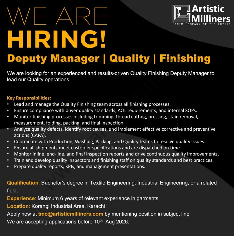 Artistic Milliners Pvt Ltd Jobs Deputy Manager | Quality | Finishing 1