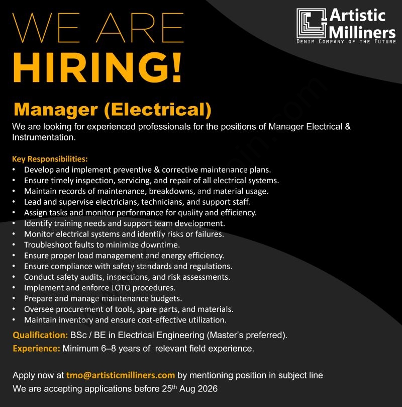 Artistic Milliners Pvt Ltd Jobs Manager (Electrical) 1