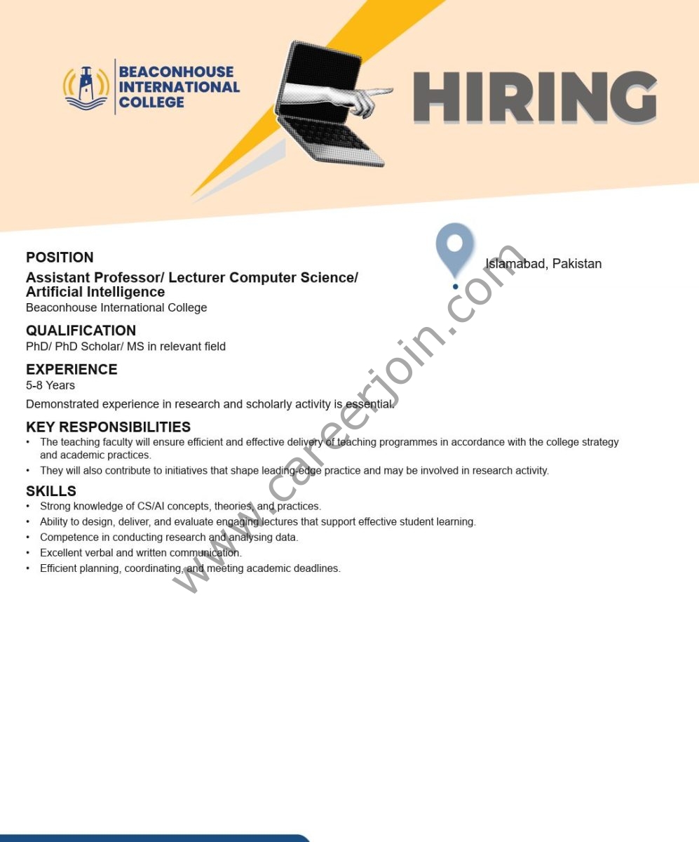 Beaconhouse International College BIC Jobs Assistant Professor/ Lecturer Computer Science/ Artificial Intelligence 1