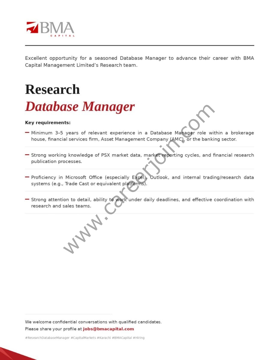 BMA Capital Management Limited Jobs Research Database Manager 1