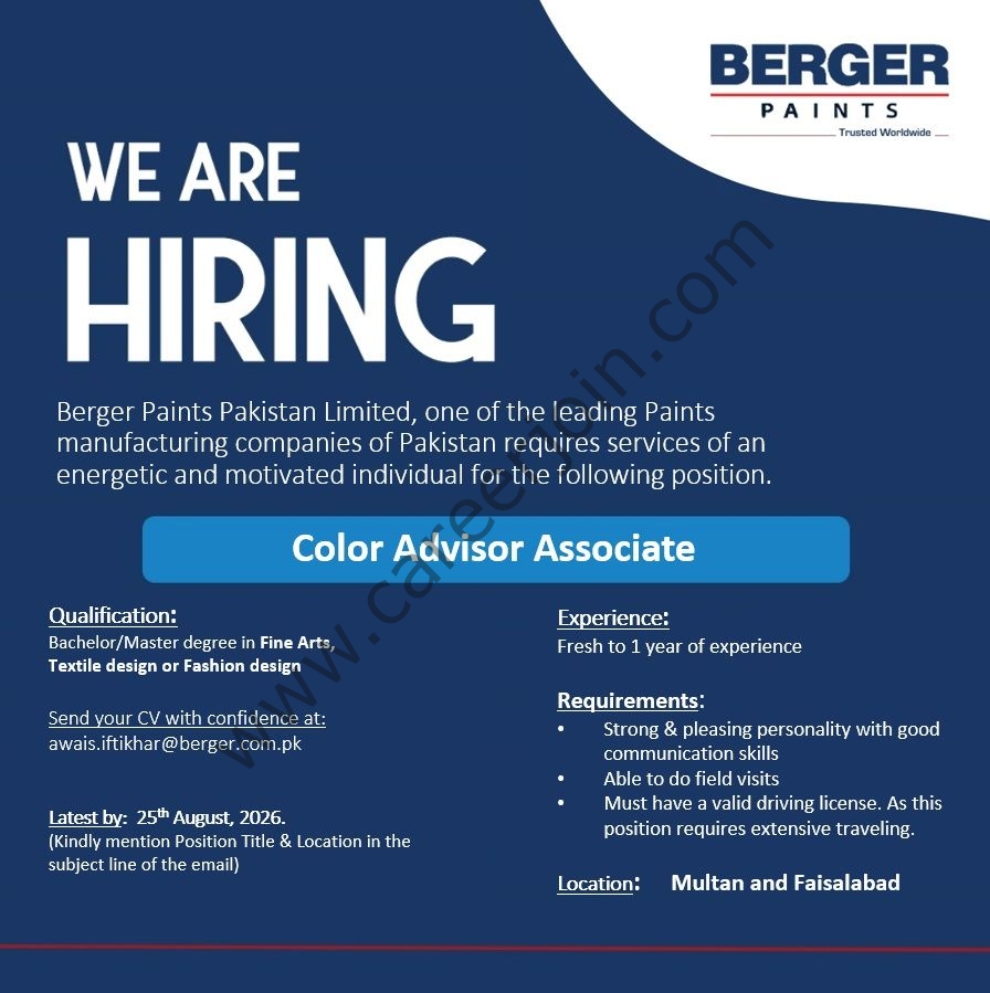 Berger Paints Pakistan Jobs Color Advisor Associate 1