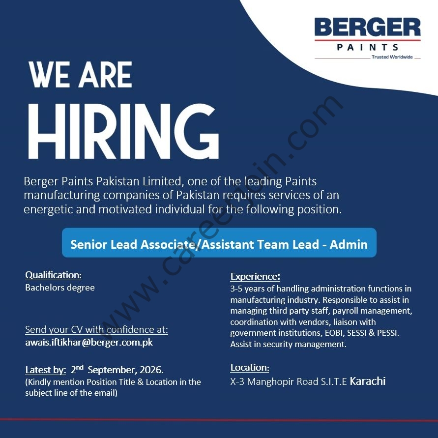 Berger Paints Pakistan Jobs Senior Lead Associate / Assistant Team Lead 1