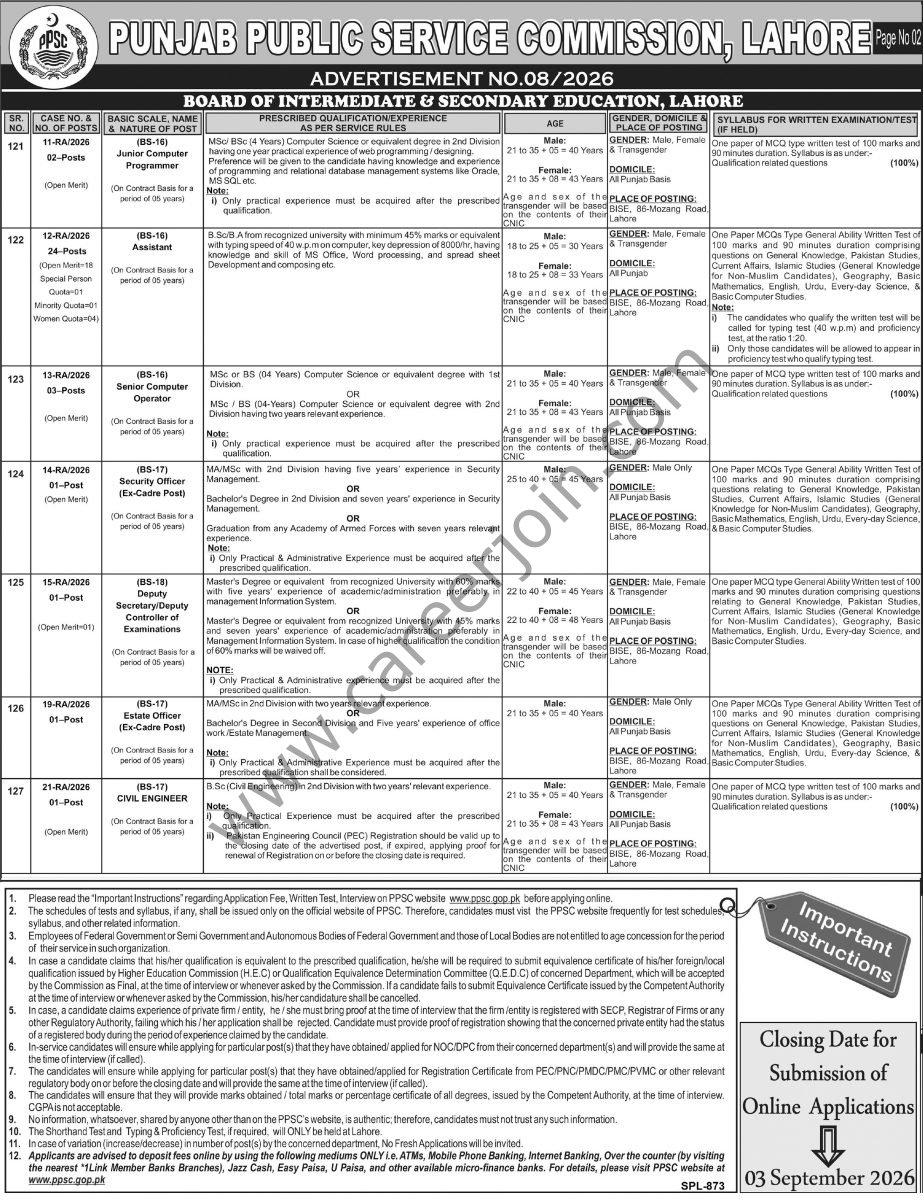 Board of Intermediate & Secondary Education Lahore Jobs 18 August 2026 Tribune Express 1