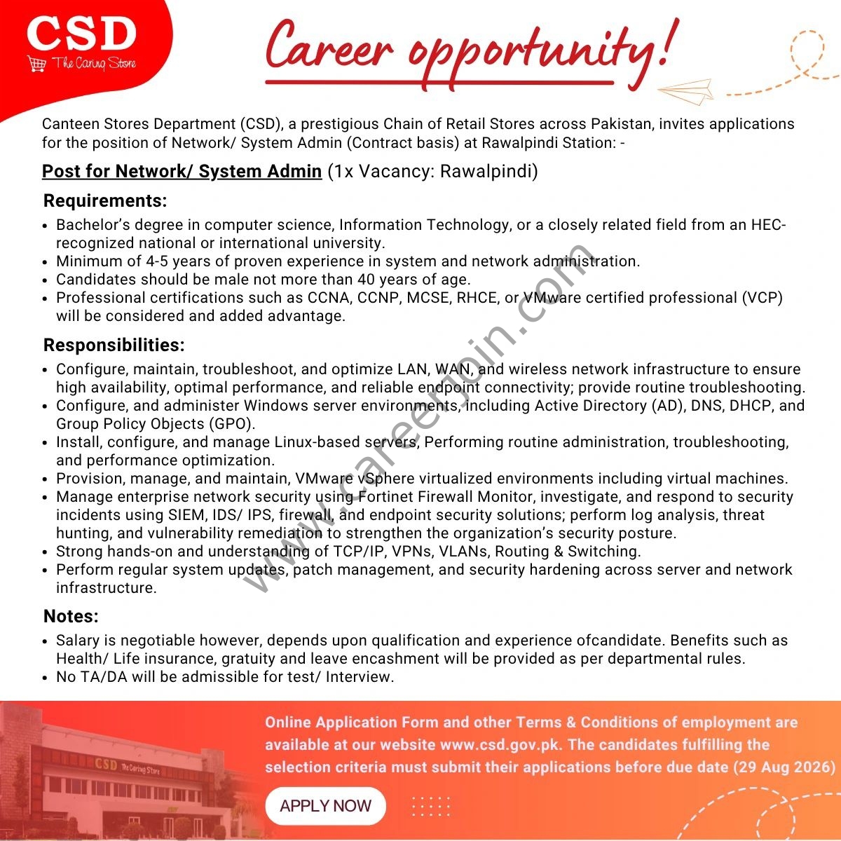 Canteen Stores Department (CSD) Jobs Network/ System Admin 1