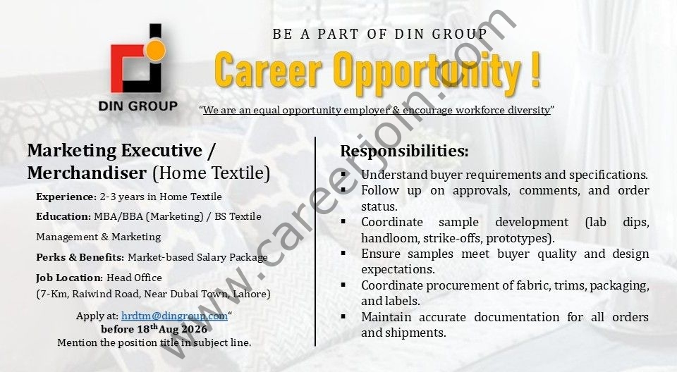 DIN Textile Mills Limited Jobs Marketing Executive / Merchandiser Home Textile 1