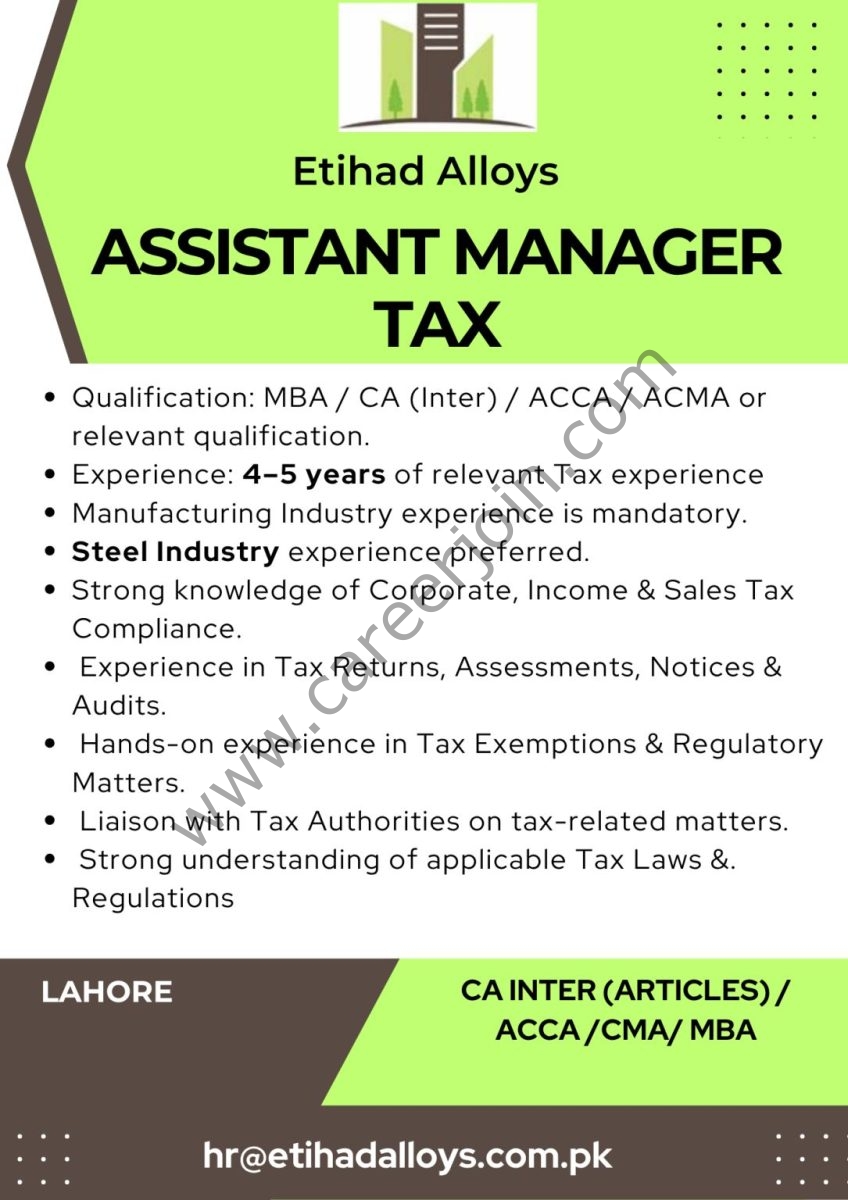 Etihad Alloys Jobs Assistant Manager Tax  1