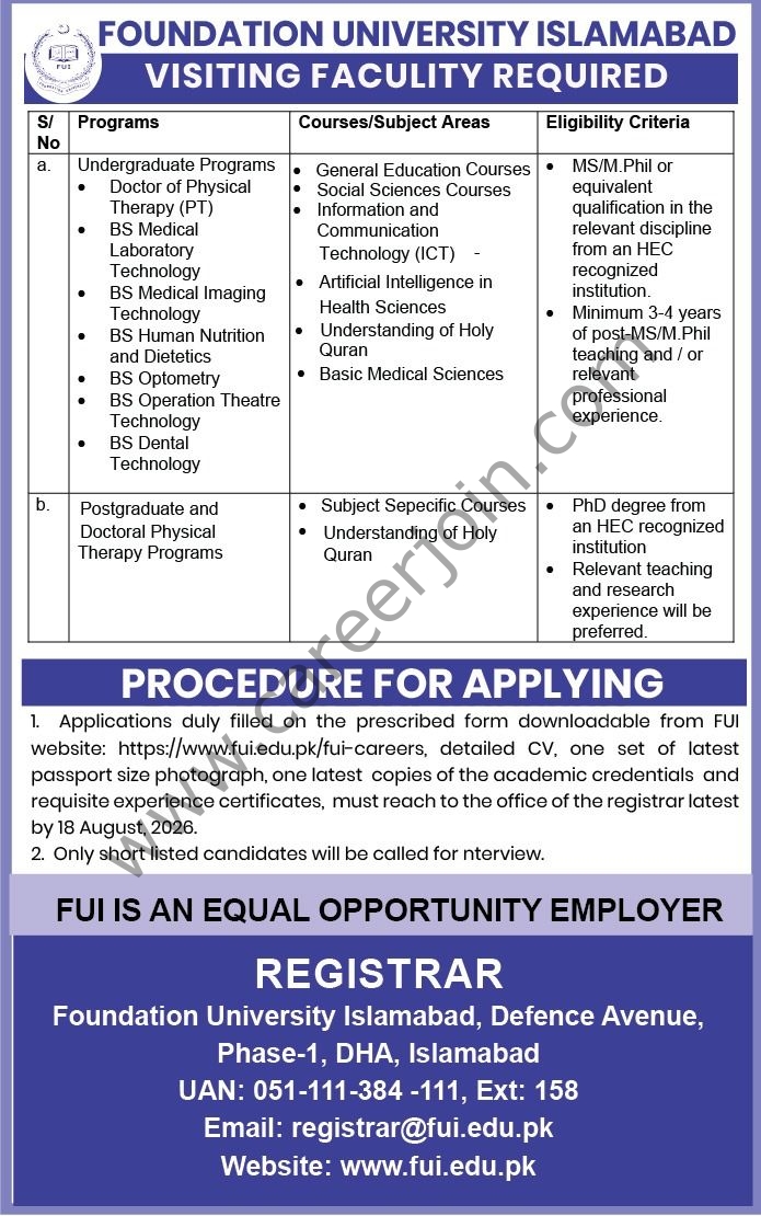 Foundation University Islamabad Jobs August 2026 1