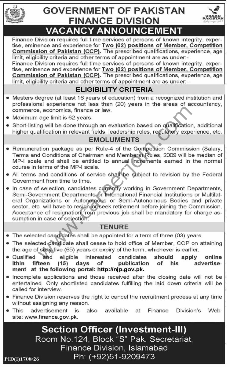 Finance Division Government of Pakistan Jobs 23 August 2026 Dawn 1