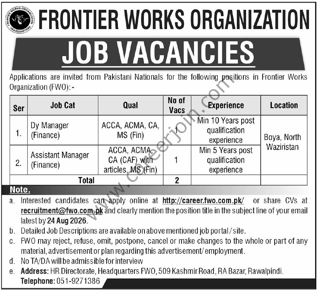 Frontier Works Organization FWO Jobs 09 August 2026 Express Tribune 1