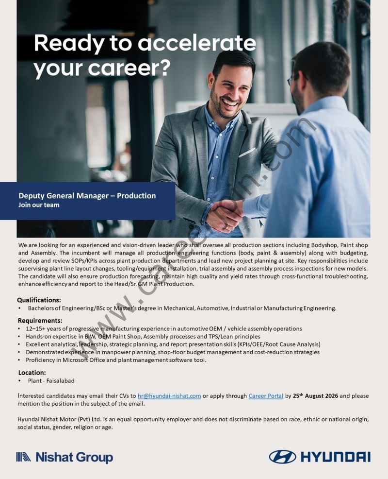 Hyundai Nishat Motor Pvt Ltd Jobs Deputy General Manager Production 1